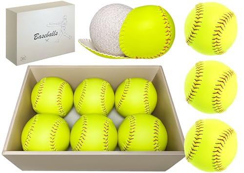 6/12 Pack 12-Inch Softballs for Practice and Training - Leather Cover, Unmarked, Yellow