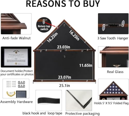 Walnut Finish Burial Flag Display Case Large - 5x9.5 Military Flag Shadow Box with Glass