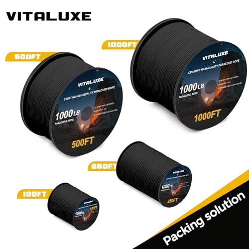 Black 1000ft Paracord Rope 4mm 12-Strand 1000lb Strength for Camping & DIY
