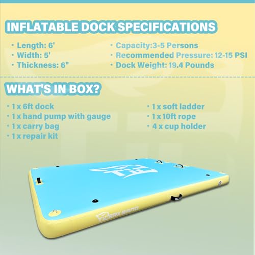 Inflatable Dock Floating Platform with Cup Holders - 5x6ft Lake Pool Island for 3-5 People