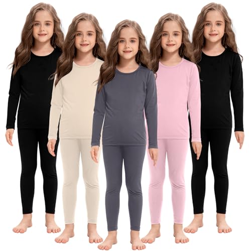 Girls Thermal Underwear Set 5-Piece Fleece-Lined Base Layer for Winter - Medium / Black, Grey, Pink, Beige