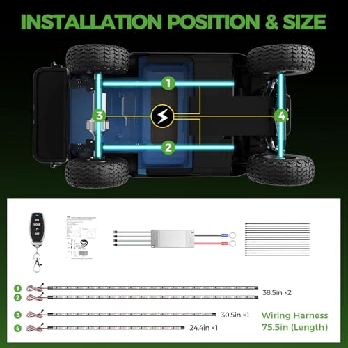 4PCS Golf Cart Underglow Light Kit with Canopy Lights IP67 Waterproof 24 Color Modes Wireless Remote Music Sync 12V-80V Fit for Yamaha EZGO Club Car