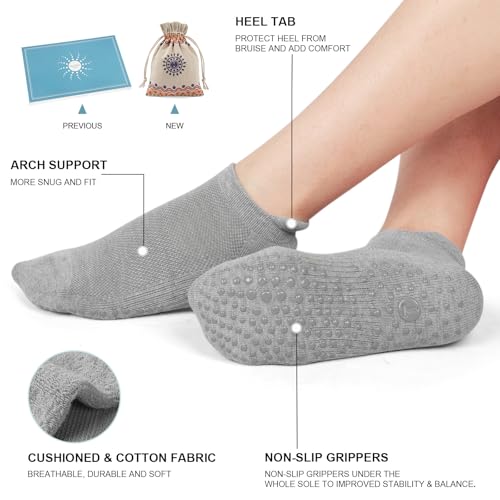 Toes Home Pilates Socks for Women - Cushioned Grip Yoga & Barre Socks 9-11, Black & Grey - 4 Pairs