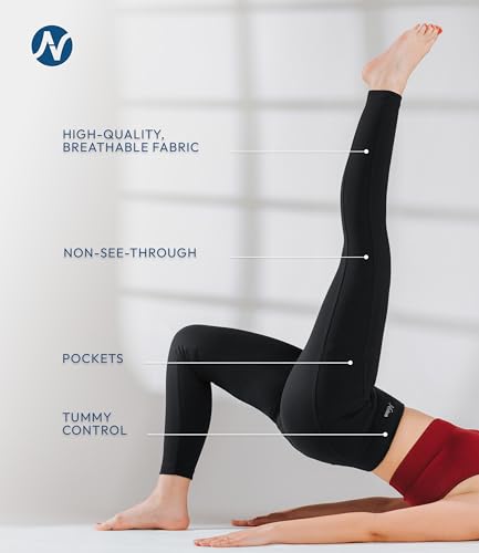 High Waist Cotton Leggings for Women Tummy Control 27 Inch Inseam Black Pockets