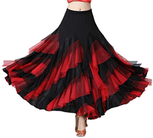 Women’s Ballroom Latin Dance Skirt - Long Tiered Swing Skirt with Elastic Waist, One Size - Black & Red