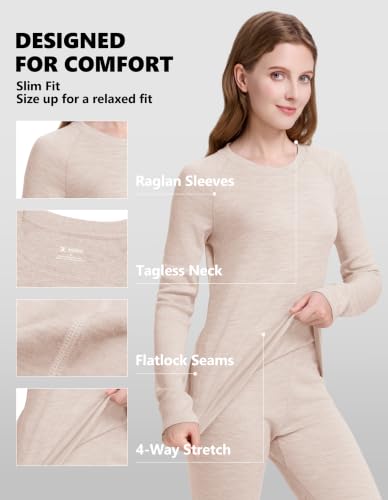 Woolcano Women's Merino Wool Thermals Base Layer Set Large Oatmeal