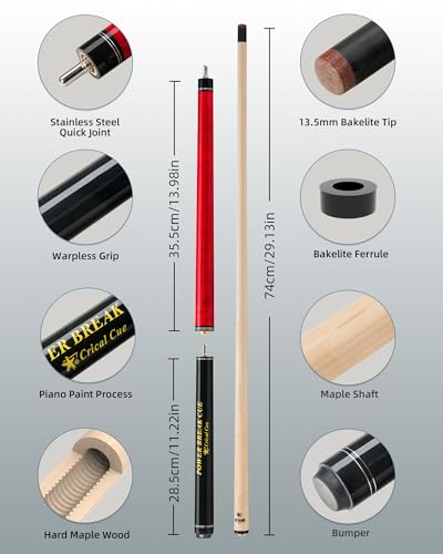 Jump Break Cue - Red 3-Piece Maple Billiard Cue for Break & Jump Shots