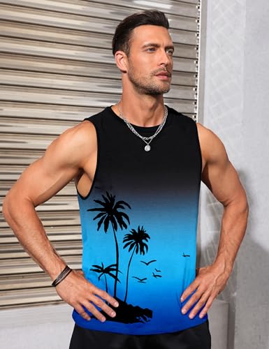 Men's Tank Top Beach Shirt 4X-Large Black & Blue Graphic Palm Tree Vacation Muscle Gym Sleeveless