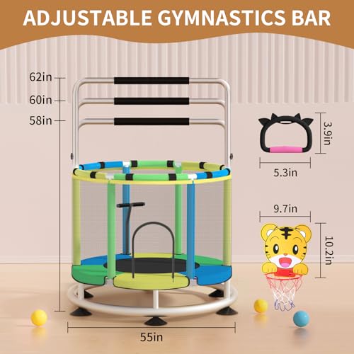 Kids Indoor Outdoor Trampoline with Basketball Hoop - Adjustable Light Blue & Green