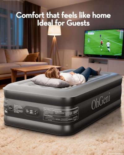 OhGeni 20-Inch Raised Twin Air Mattress with Built-In Pump, Black, Supports 500lbs