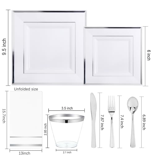 Festiva 50 Guests Silver Square Plastic Party Plates Set with Cups, Cutlery & Napkins – 9.5
