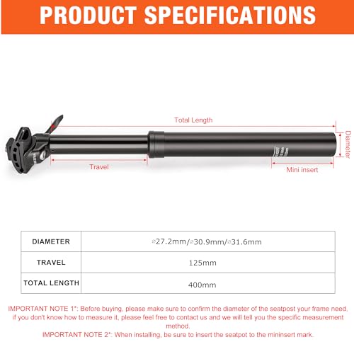 KONG MING CAR 31.6mm Dropper Seat Post 400mm Travel Aluminum MTB Bike Part
