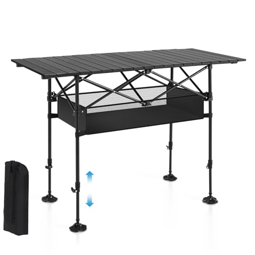 Alpha Camp Tall Folding Camping Table with Adjustable Height & Storage Mesh Basket