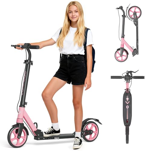 Pink Foldable Kids & Teen Kick Scooter with Dual Brakes & Front Suspension