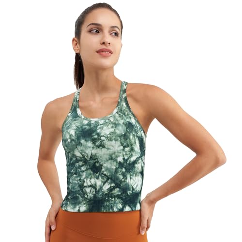 Seamless Ribbed Workout Racerback Tank Top with Built-in Bra for Women