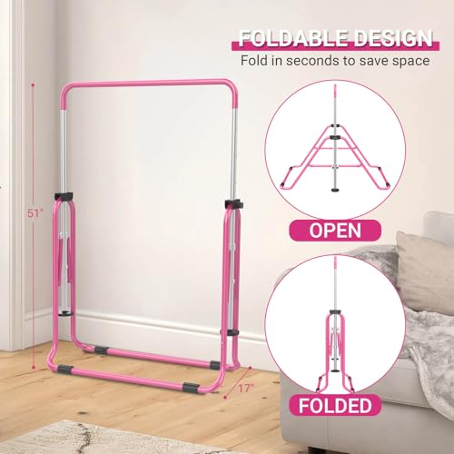 Pink Foldable Kids Gymnastics Bar with 5-Height Adjustable Support for Home, Includes Rings
