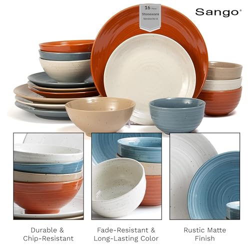 Rustic Mix Sango Siterra 16-Piece Stoneware Dinnerware Set for 4 - Chip Resistant, Microwave & Dishwasher Safe