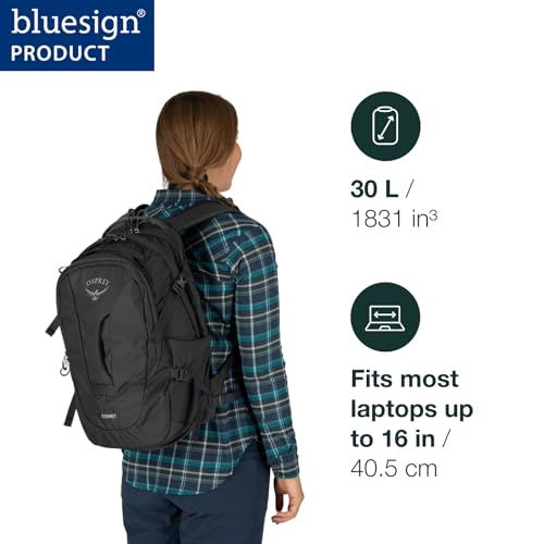 Osprey Comet Laptop Backpack - One Size Black - Recycled Nylon, 16" Laptop Compartment