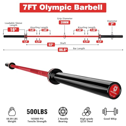 RICHUANG 7ft Olympic Barbell 28mm 45lb Red-500LBS for Powerlifting & Home Gym