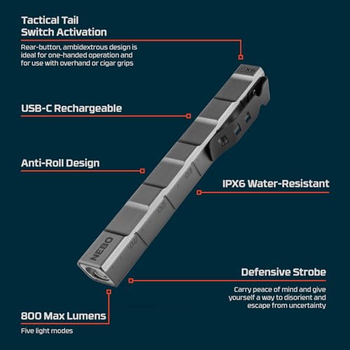 NEBO Edge 800 Pen Light - 800 Lumen LED Inspection Flashlight - Rechargeable, Tactical, Compact