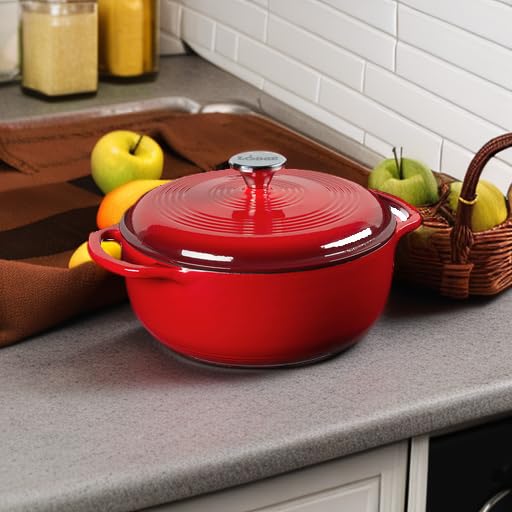 Lodge 4.5 Qt Enamel Cast Iron Dutch Oven - Red, Moisture-Locking & Even Heat