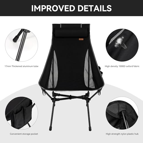 Black 2-Pack Portable Folding Camping Chairs with Adjustable Pillow & Heavy-Duty Support
