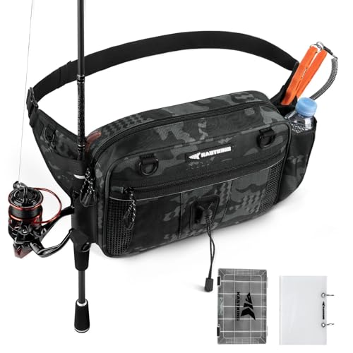 Fishing Waist Bag with Rod Holder - Black Camo, Versatile Tackle Organizer