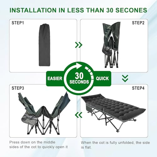 Portable Camping Cot with Removable Pad & Storage Pocket - Black - 28" Wide