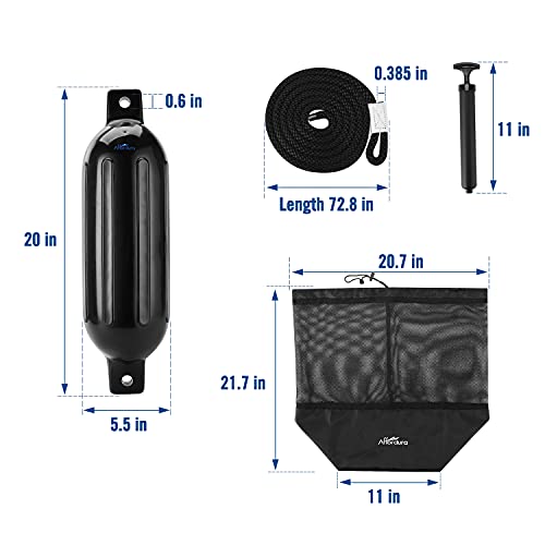 Affordura 5.5 Inch Black Boat Fenders 4 Pack with Ropes & Pump