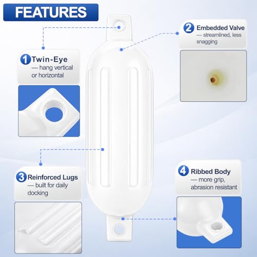 8.5 x 25 Inch Boat Fenders Docking Kit 4 Pack with Inflatable Pump & Stainless Steel Clips