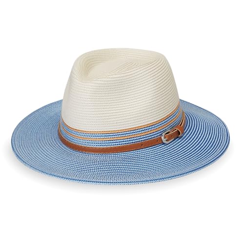 Wallaroo Women's Kristy Fedora - Small Ivory/Ice Blue UPF 50+ Wide Brim Packable Hat