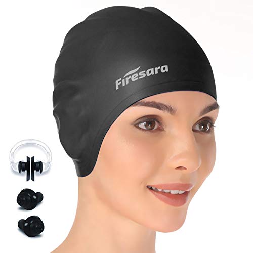 Firesara Black Swim Cap with Ear Protection and Nose Clip - Ergonomic Silicone Design for Women Kids Men