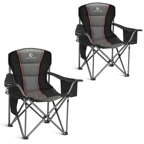 ALPHA CAMP Grey/Black 2-Pack Oversized Camping Folding Chairs with Lumbar Support