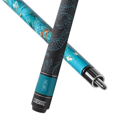 Pool Cue with Black Case - 19oz, 58 Inches, Mythological Symbols, Blue Dragon Variation