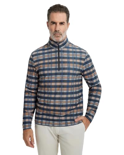 Men's Quarter Zip Golf Pullover - Dry Fit Long Sleeve Performance Wicking Full Print XX-Large Blue White Yellow Plaid