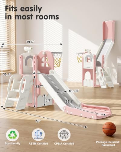 Babytronic Pink & Gray 6-in-1 Toddler Indoor & Outdoor Playground Slide for Kids 1-3