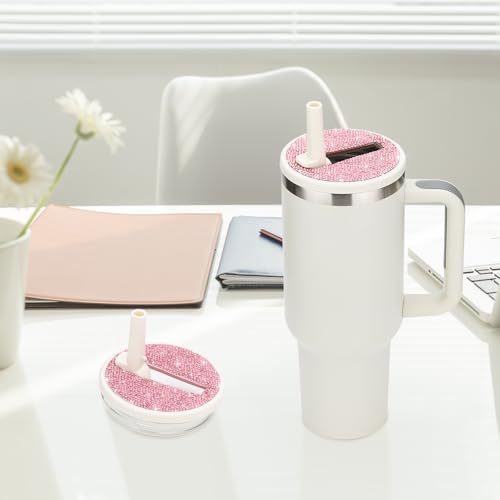 Cream Pink Rhinestone Flip Straw Lid Replacement for Stanley Quencher 40 oz Tumbler - Leak Proof & Non-Spill