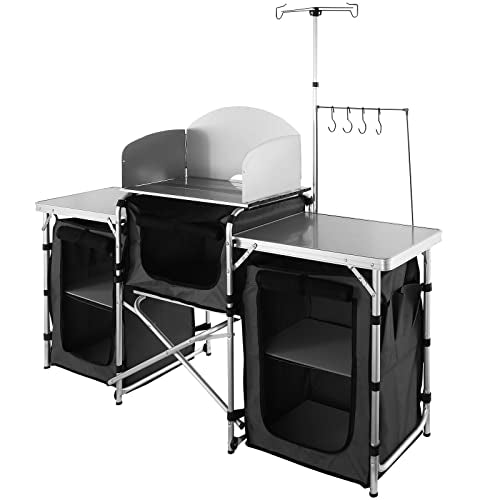 Camping Kitchen Table with Storage & Windscreen - Black, Folding Outdoor Cooking Station with Cupboard