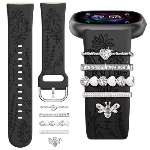 Silicone Sport Watch Band with Charms for Fitbit Versa 4/3 Sense 2 - Black + Silver Bee Charm