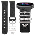 Silicone Sport Watch Band with Charms for Fitbit Versa 4/3 Sense 2 - Black + Silver Bee Charm