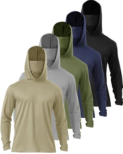 Men's Sun Protection Lightweight Quick Dry Rash Guard Hoodie Set - Large, 5 Pack with Face Mask for Outdoor Fishing