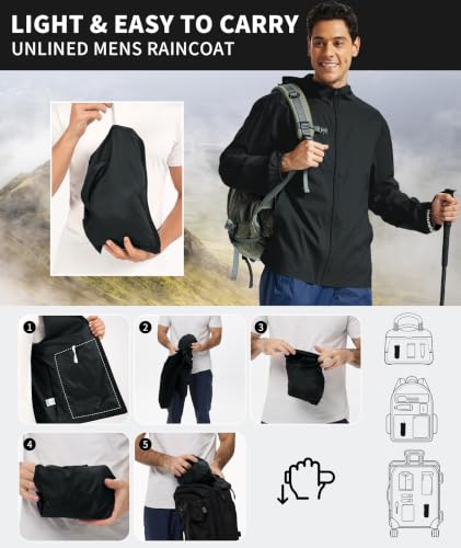 Men's Lightweight Hooded Waterproof Rain Jacket - Black, Medium, Packable Windbreaker