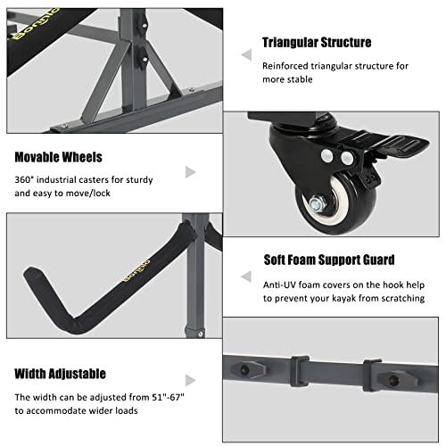 Bonnlo 4-Kayak Freestanding Storage Rack with Lockable Wheels & Adjustable Width