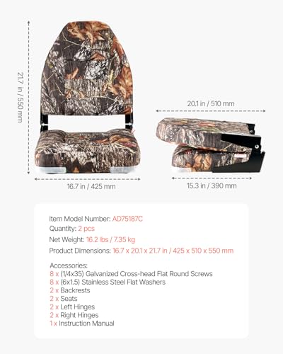 2 Pack Camo Boat Seat - Folding Fishing High Back Seat with Thick Cushion & Aluminum Hinges