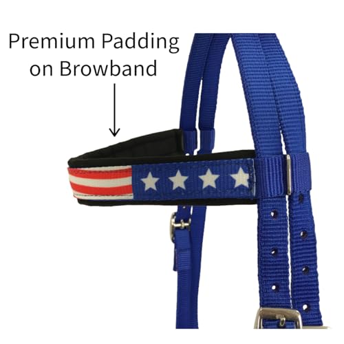 Patriotic American Flag Horse Tack Set - Full Size Double Layer Nylon Headstall Reins & Breast Collar with Fringes - Red, White, Blue