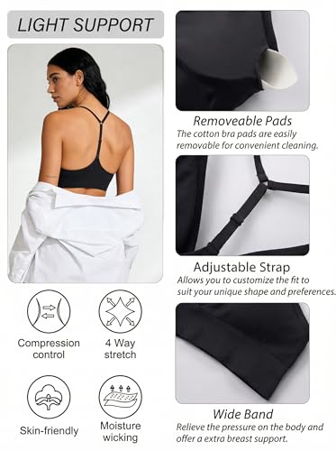 Women's Sports Bras Deep V Neck Adjustable Y Back Spaghetti Strap Racerback Padded Wireless Yoga Workout Tops - 3 Pack, Medium, Black White Brown