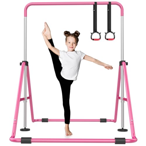 Pink Foldable Kids Gymnastics Bar with 5-Height Adjustable Support for Home, Includes Rings