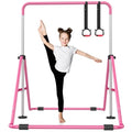 Pink Foldable Kids Gymnastics Bar with 5-Height Adjustable Support for Home, Includes Rings