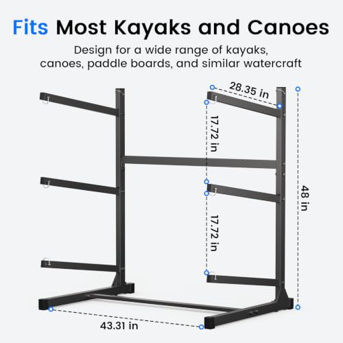 3-Level Kayak Storage Rack, Freestanding Steel Stand for Garage
