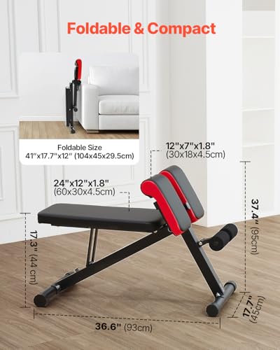 VEVOR Adjustable Foldable Roman Chair Hyperextension Bench for Full Body Workout - Black+Red, 330LB Capacity